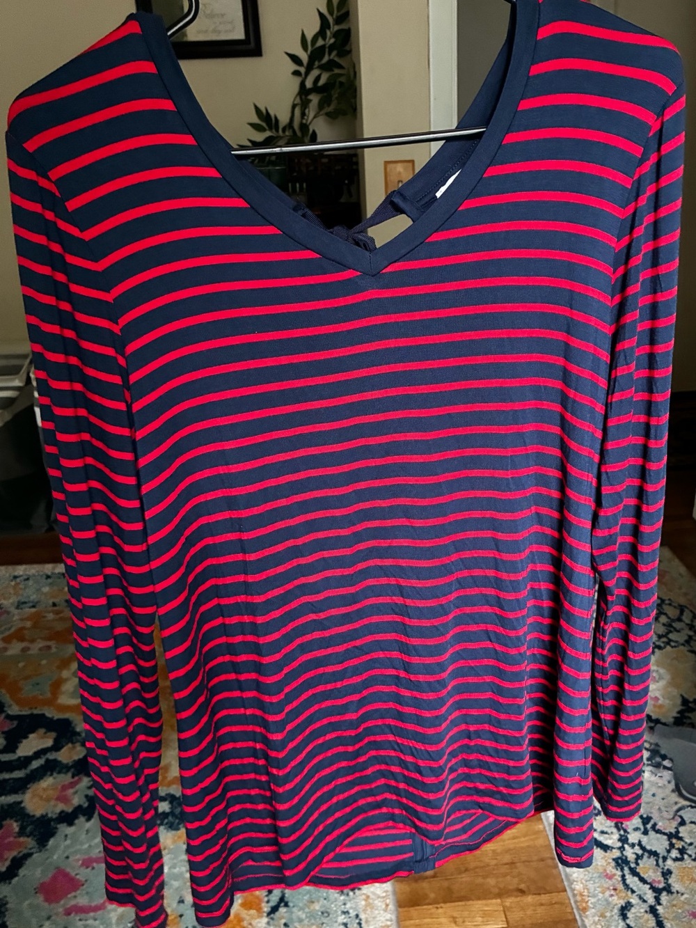 Cupio Navy and red Striped V-Neck Long Sleeve Tee